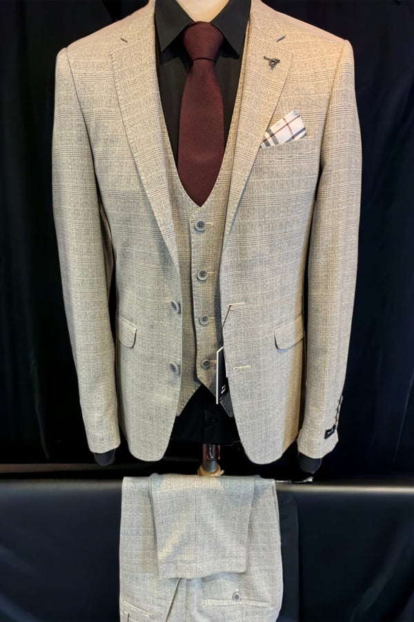 Naples Grey Beige Check 3pc Slim Fit Suit